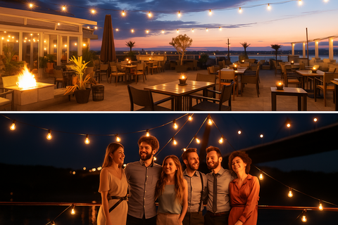 Evening outdoor setting with string lights and people posing for a photo.