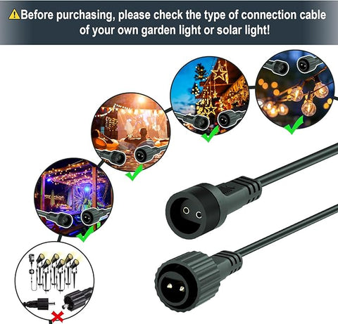 Green extension cable connected to string of fairy lights.

