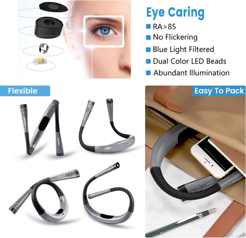Eye care device with features listed on a white background