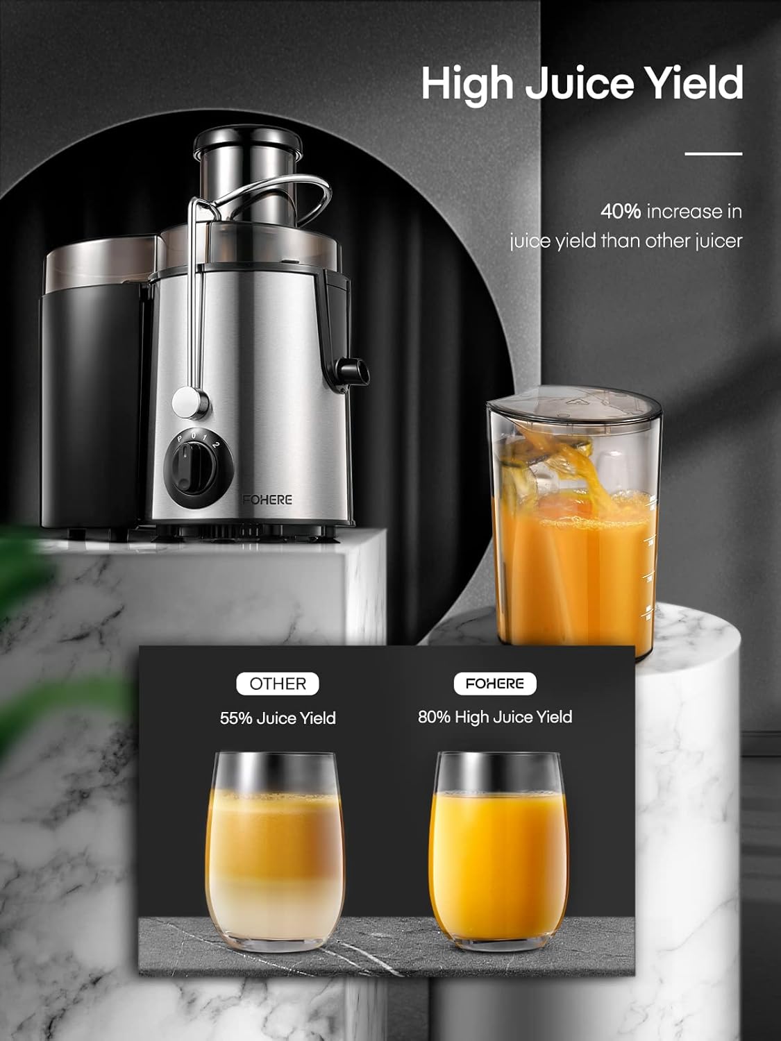 FOHERE juicer with a glass of orange juice on a marble surface, highlighting high juice yield.