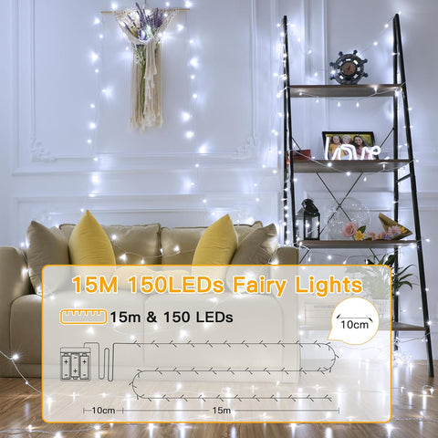 Battery-operated string lights wrapped around a bedroom headboard

