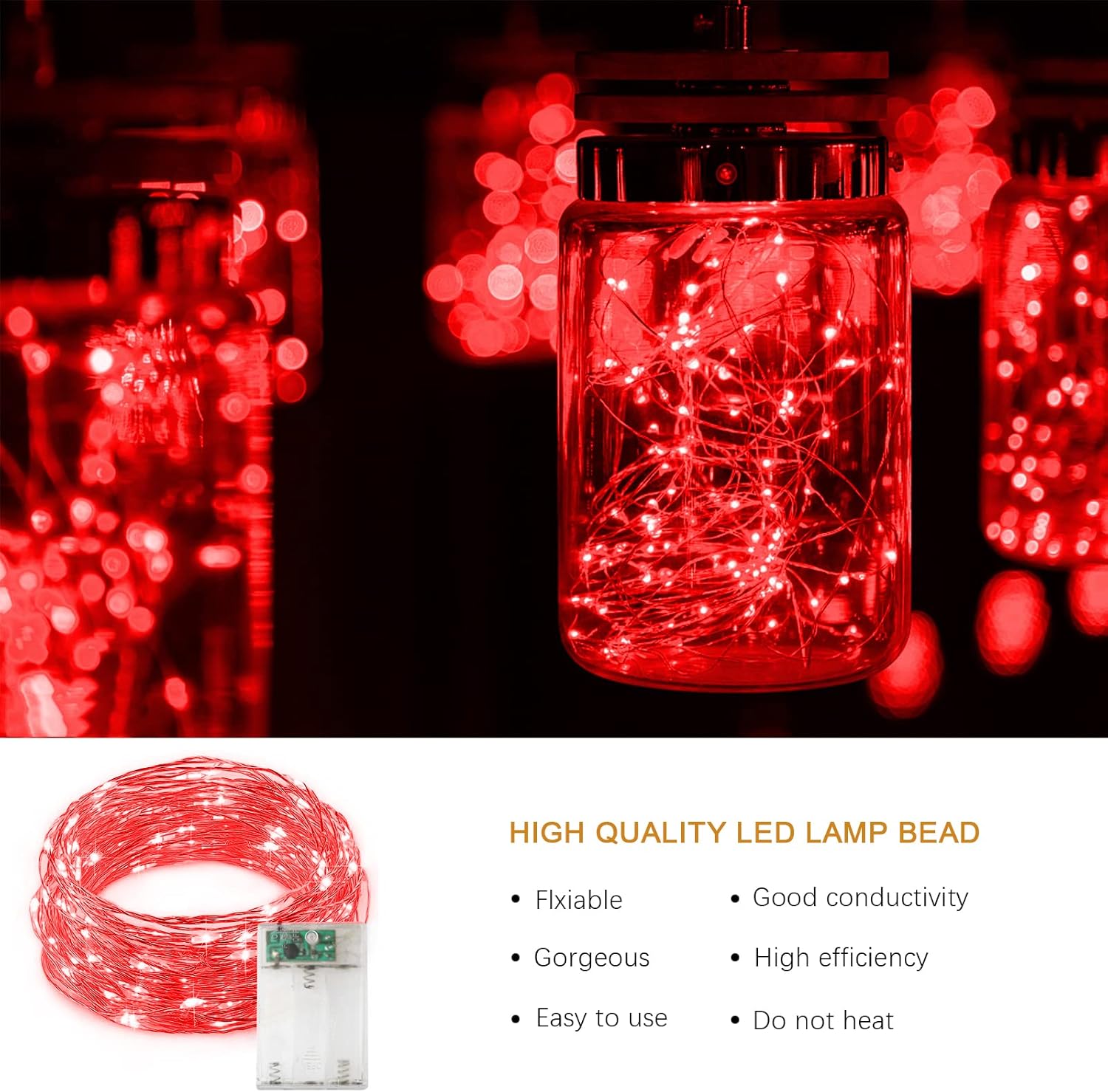 Battery-operated red fairy lights in a glass jar

