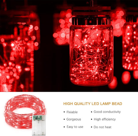 Battery-operated red fairy lights in a glass jar

