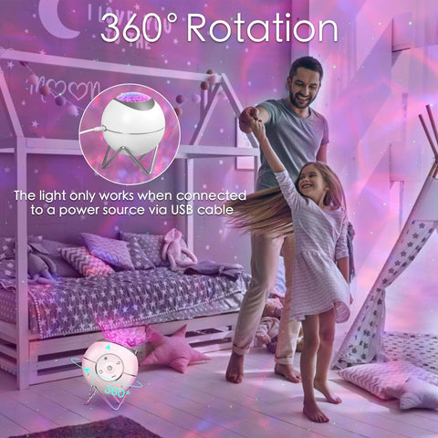 Family in a bedroom with a pink glow, featuring text about 360-degree rotation and USB connection.