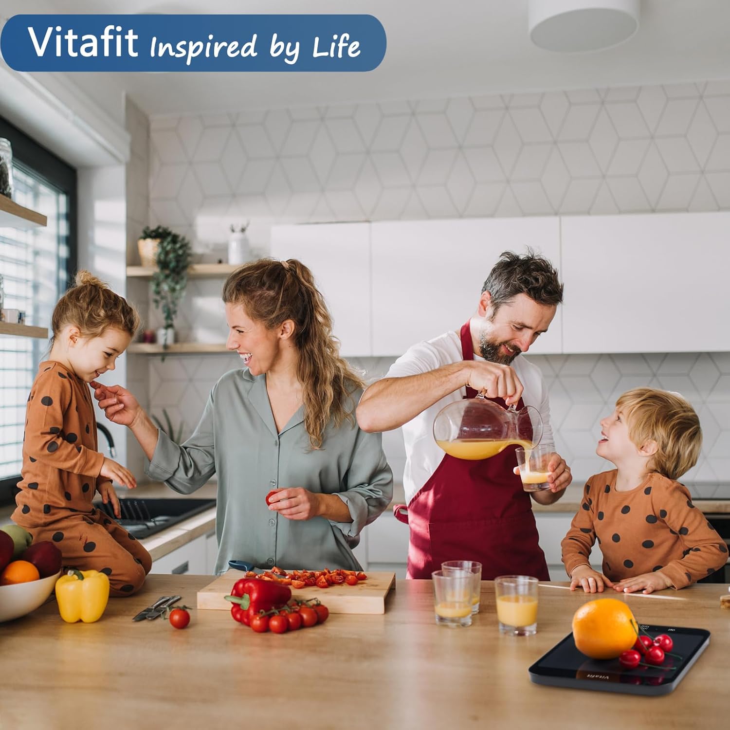 Family in a kitchen preparing food with Vitafit logo above