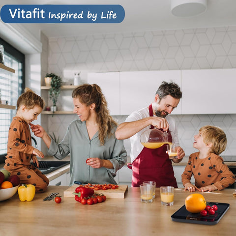Family in a kitchen preparing food with Vitafit logo above
