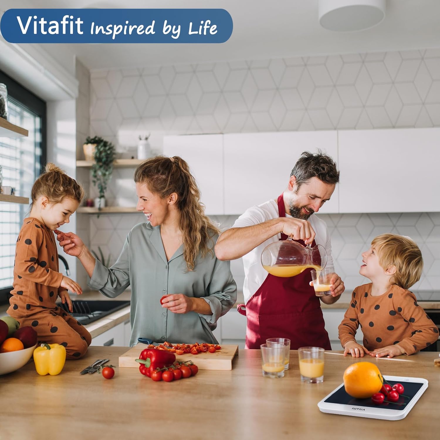 Family in a kitchen with a Vitafit branded product