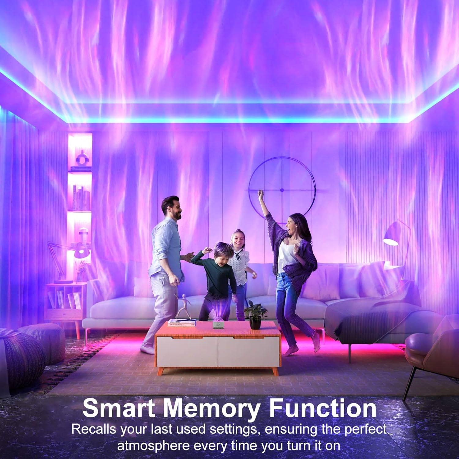 Family in a living room with colorful LED lights and text about smart memory function.
