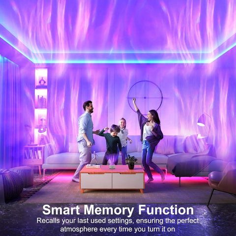 Family in a living room with colorful LED lights and text about smart memory function.