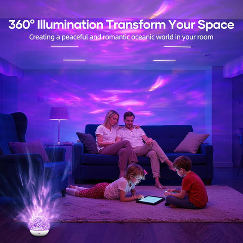 Family in a living room with ocean wave light projector creating a relaxing atmosphere