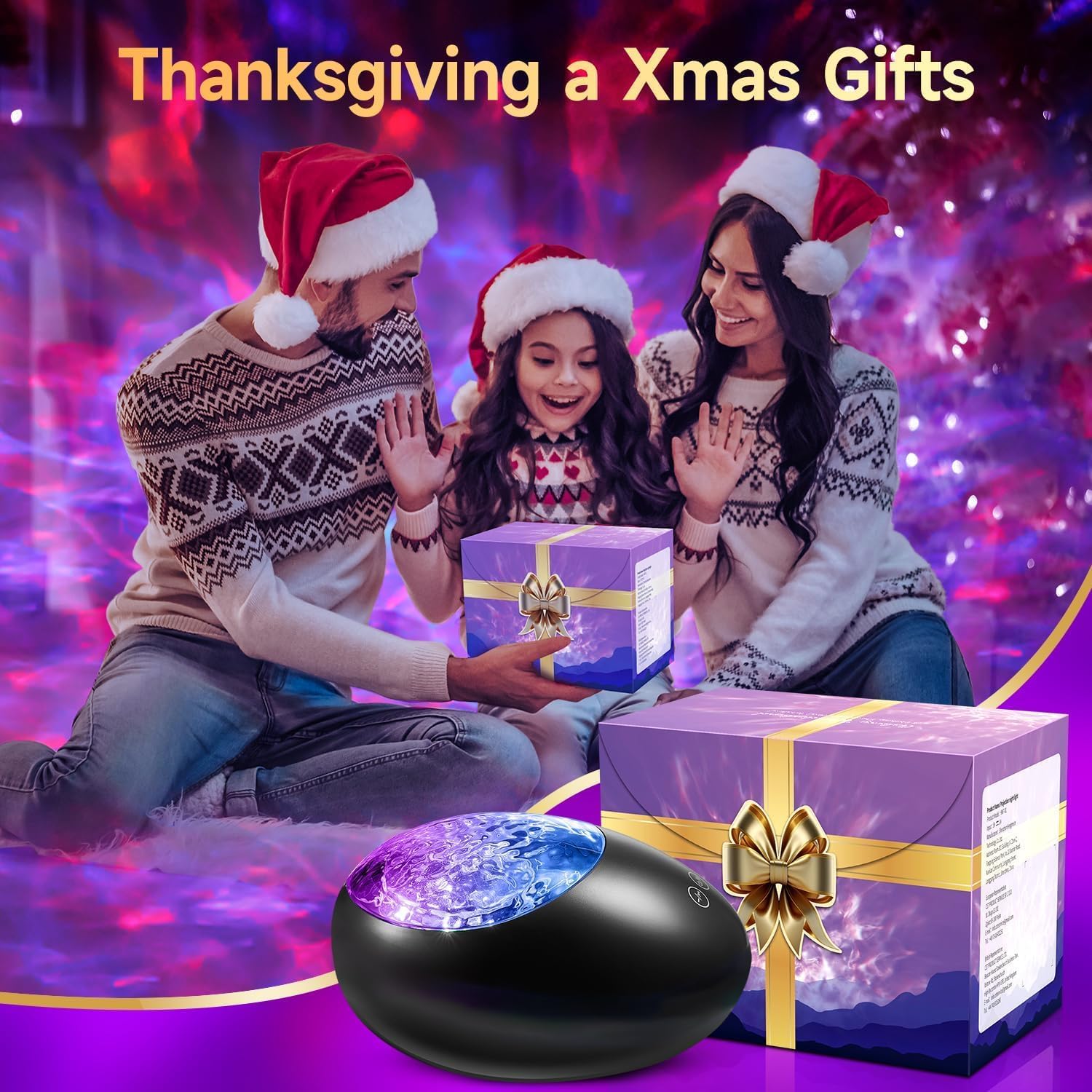 Family in festive attire with Christmas gifts and decorations on a colorful background