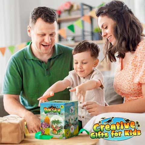 Family opening a toy box together with a 'Creative Gifts for Kids' logo in the corner.