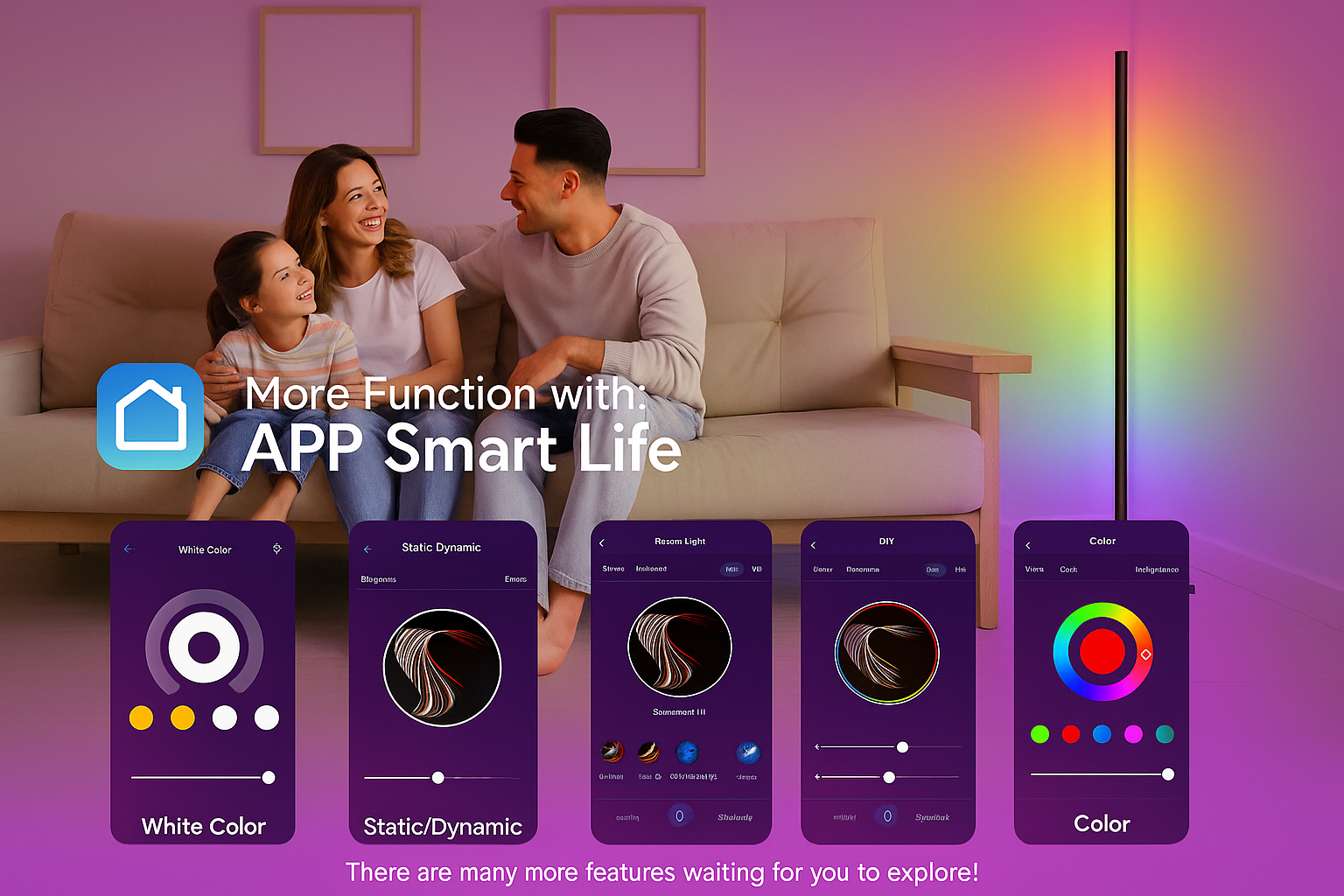 Family sitting on a couch with a smart home device and app interface displayed.