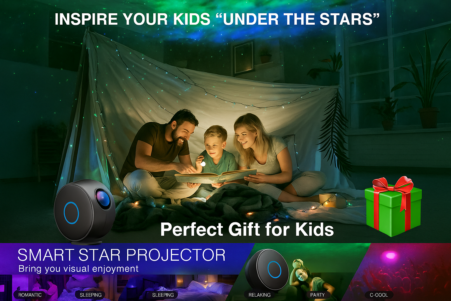 Family under a starlit tent with a smart star projector, perfect gift for kids.