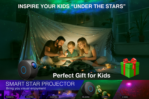 Family under a starlit tent with a smart star projector, perfect gift for kids.