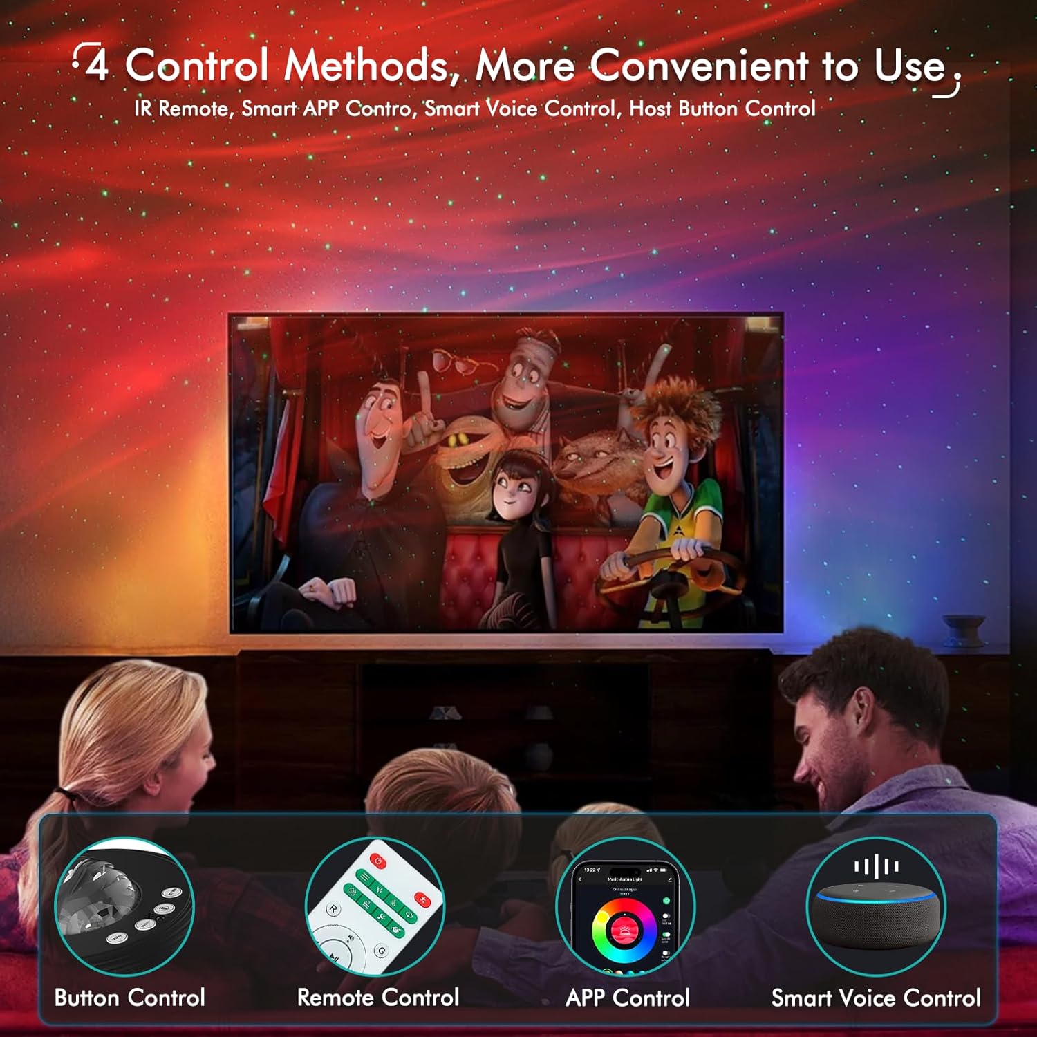 Family watching a movie on a screen with control methods displayed below.