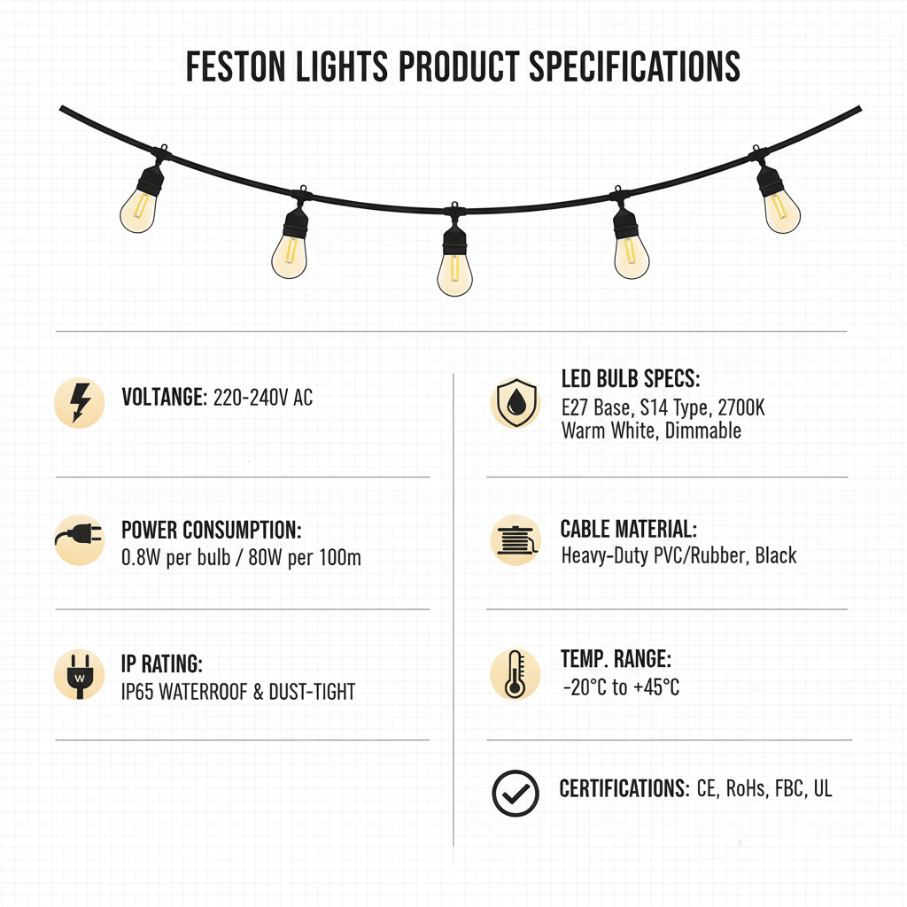 Feston Lights product specifications on a white background