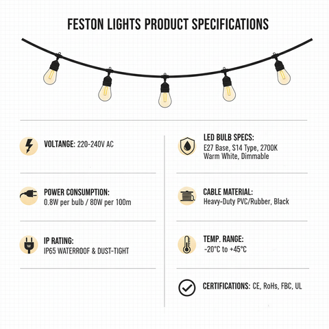 Feston Lights product specifications on a white background