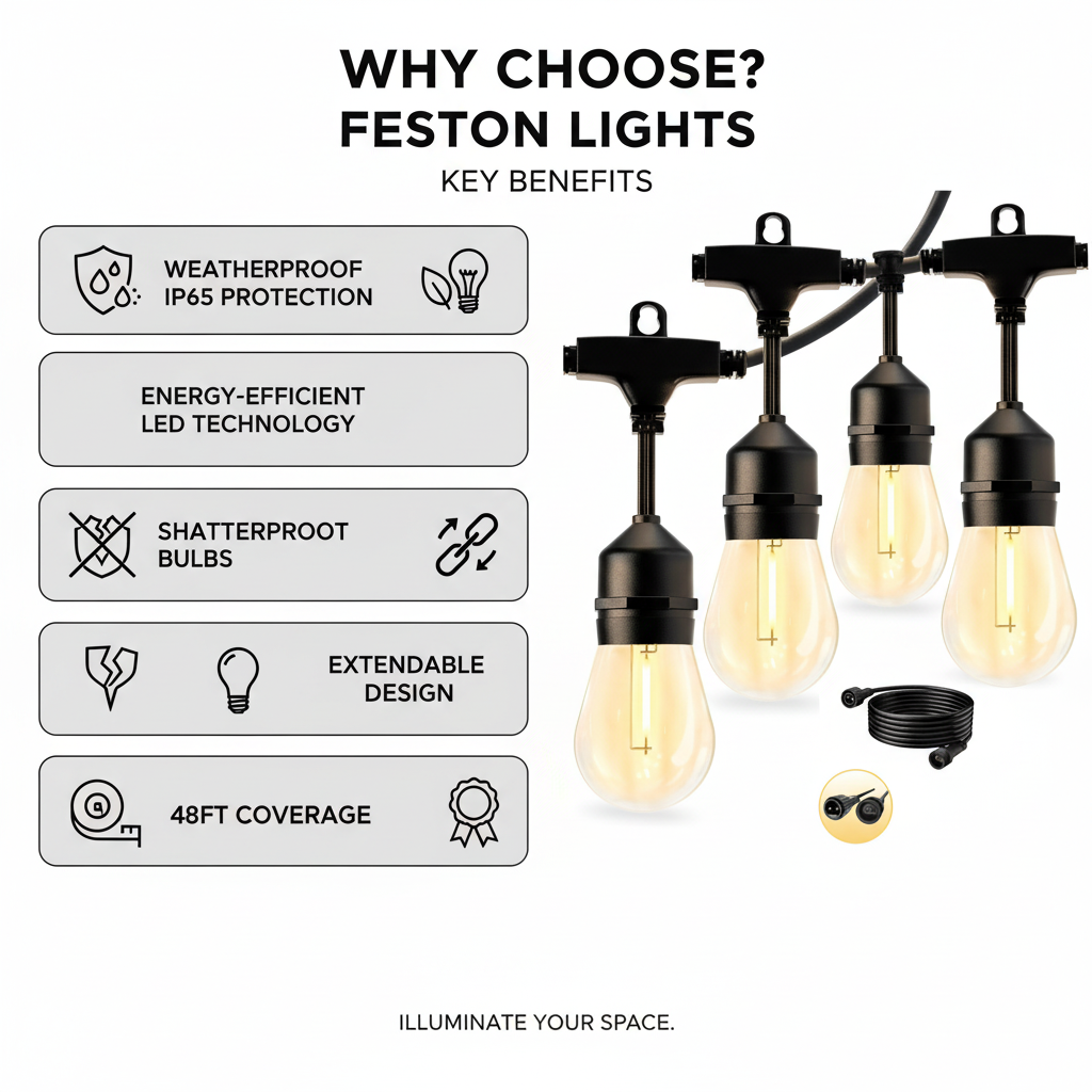 Feston Lights with key benefits listed on a white background