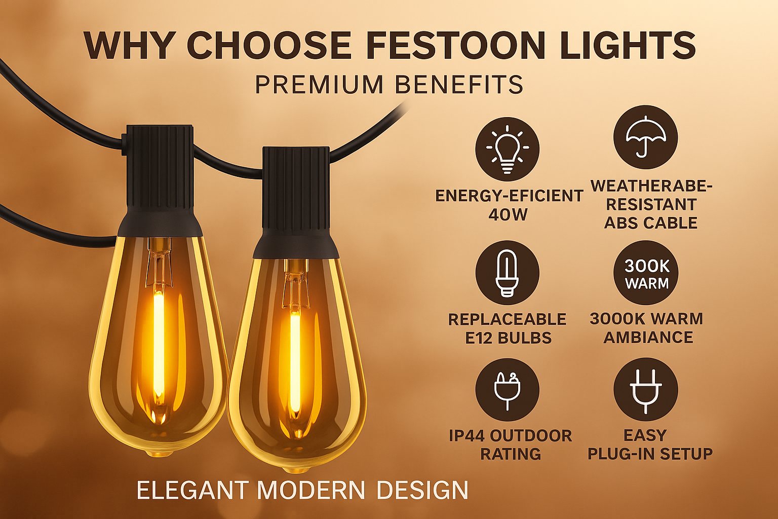 Festoon lights with premium benefits on a warm brown background