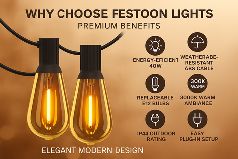 Festoon lights with premium benefits on a warm brown background