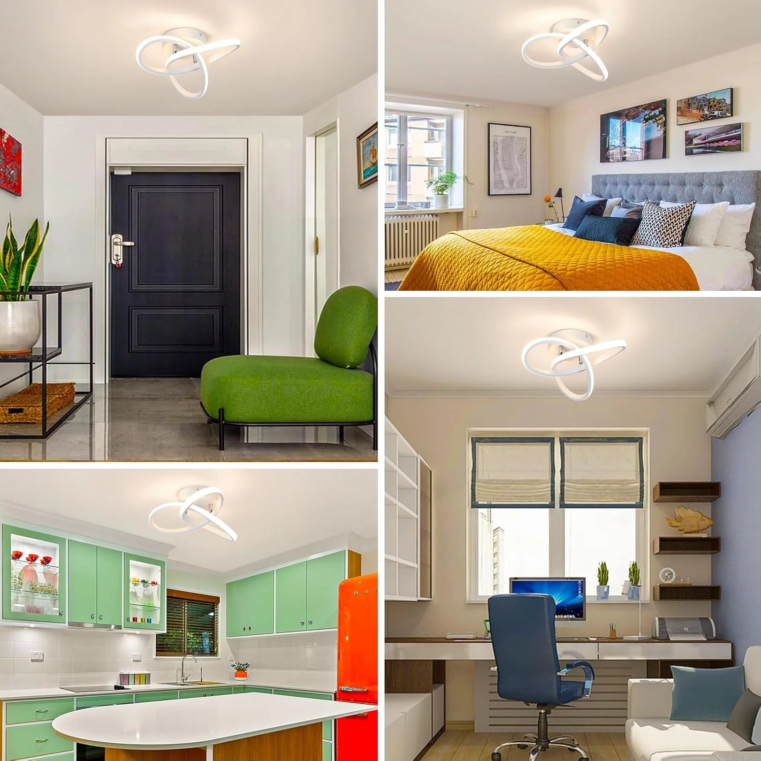 Collage of a modern living room, bedroom, kitchen, and office.