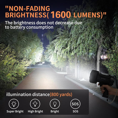 Flashlight being used to illuminate a path at night with text highlighting its brightness and range.