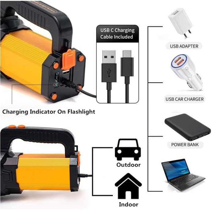 Flashlight with charging cable, adapter, car charger, and power bank on a white background