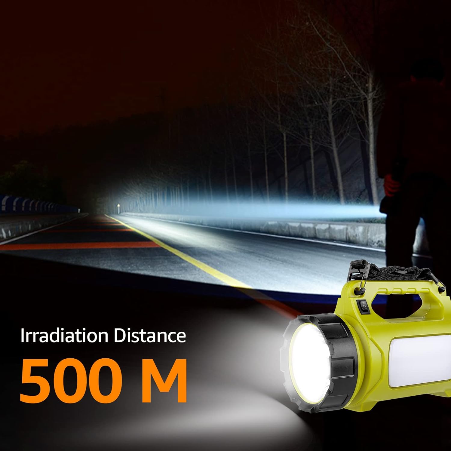 Flashlight with a long irradiation distance of 500 meters on a dark road.