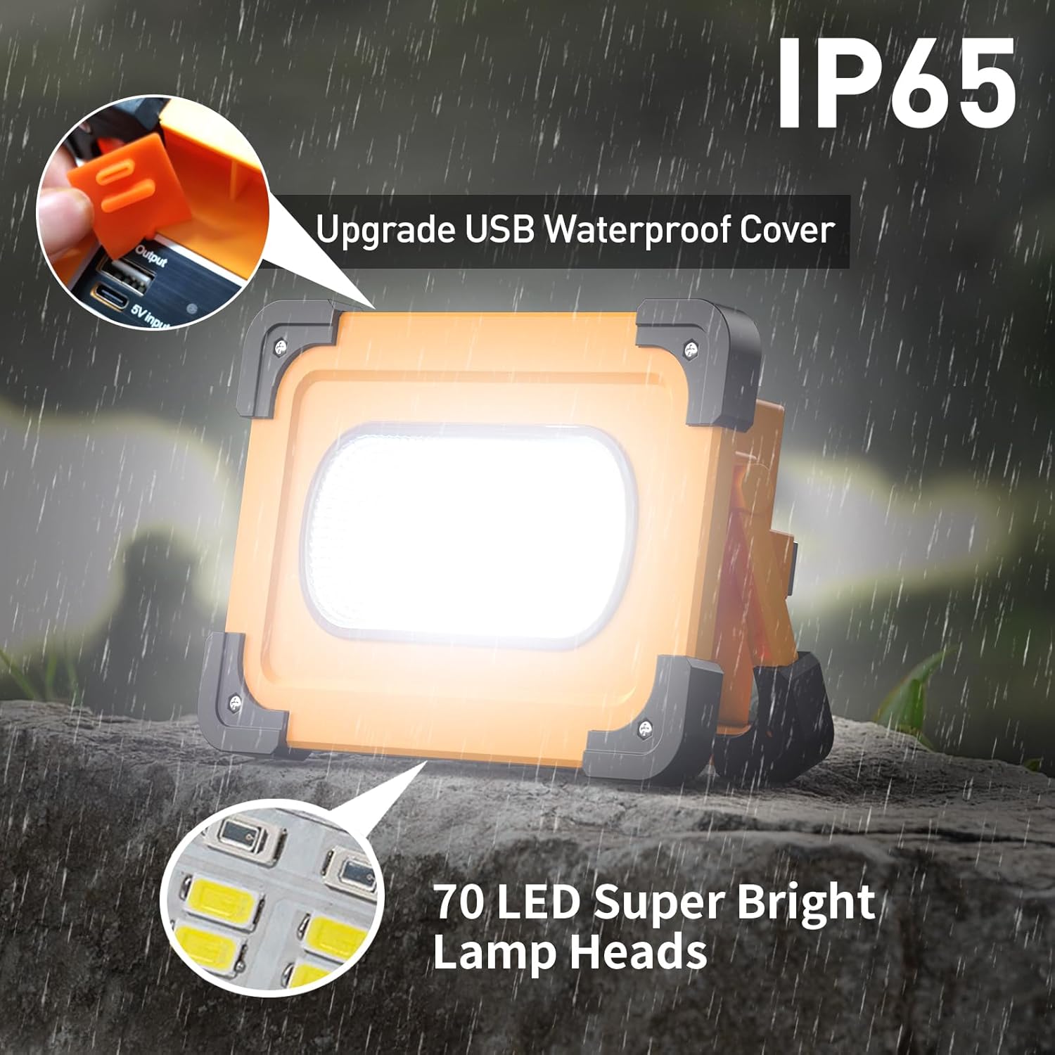 Flood light with USB waterproof cover and 70 LED lamp heads on a dark background