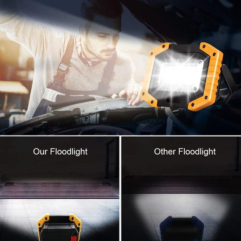 Floodlight being used to inspect a car with comparison to another floodlight.