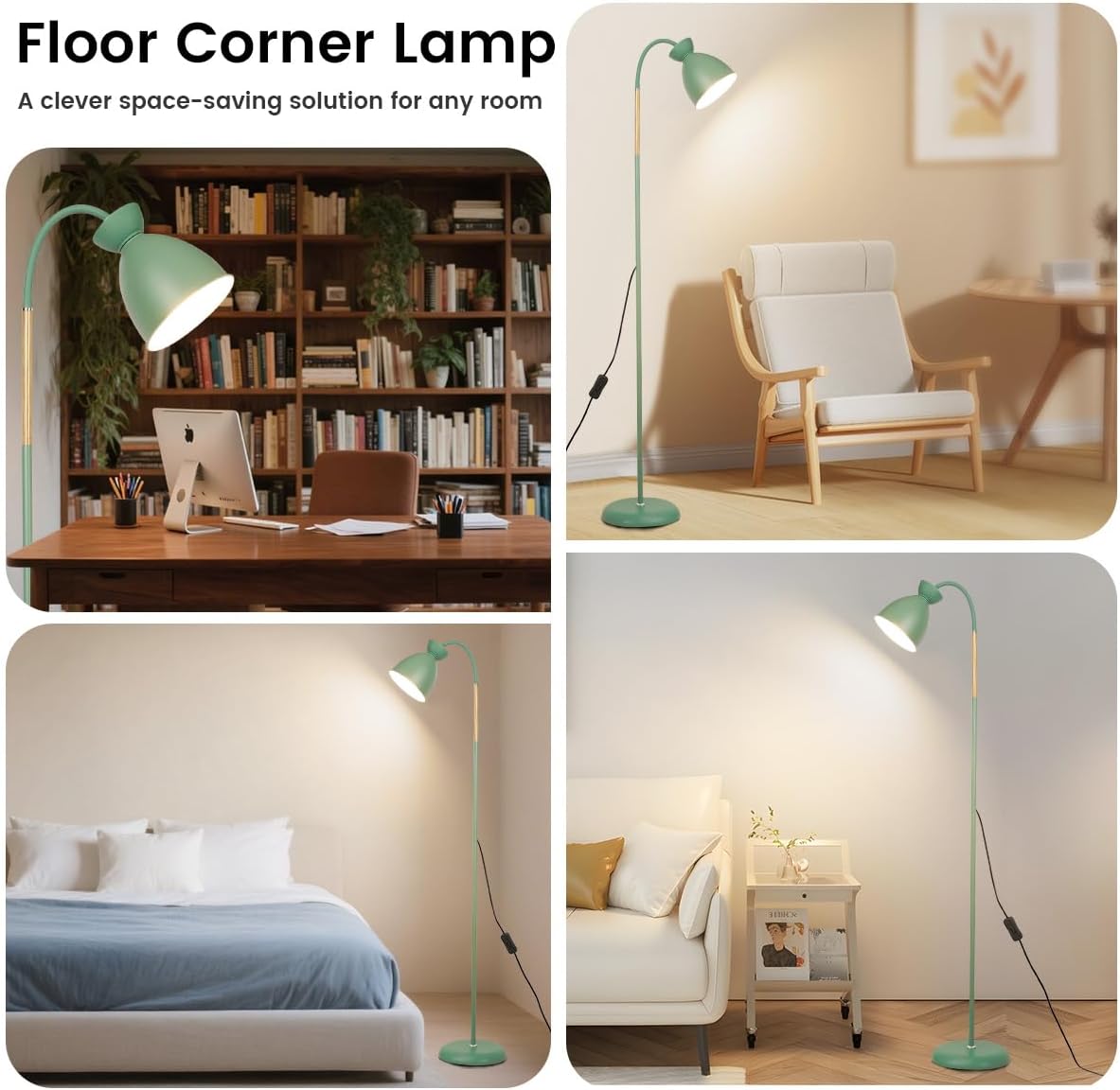 Floor corner lamp in various room settings including a home office, living room, and bedroom.