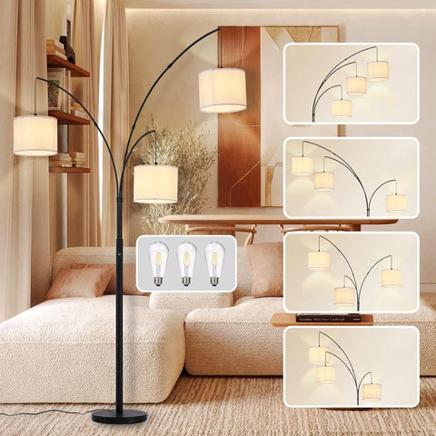 Floor lamp with multiple light bulbs displayed in a living room setting