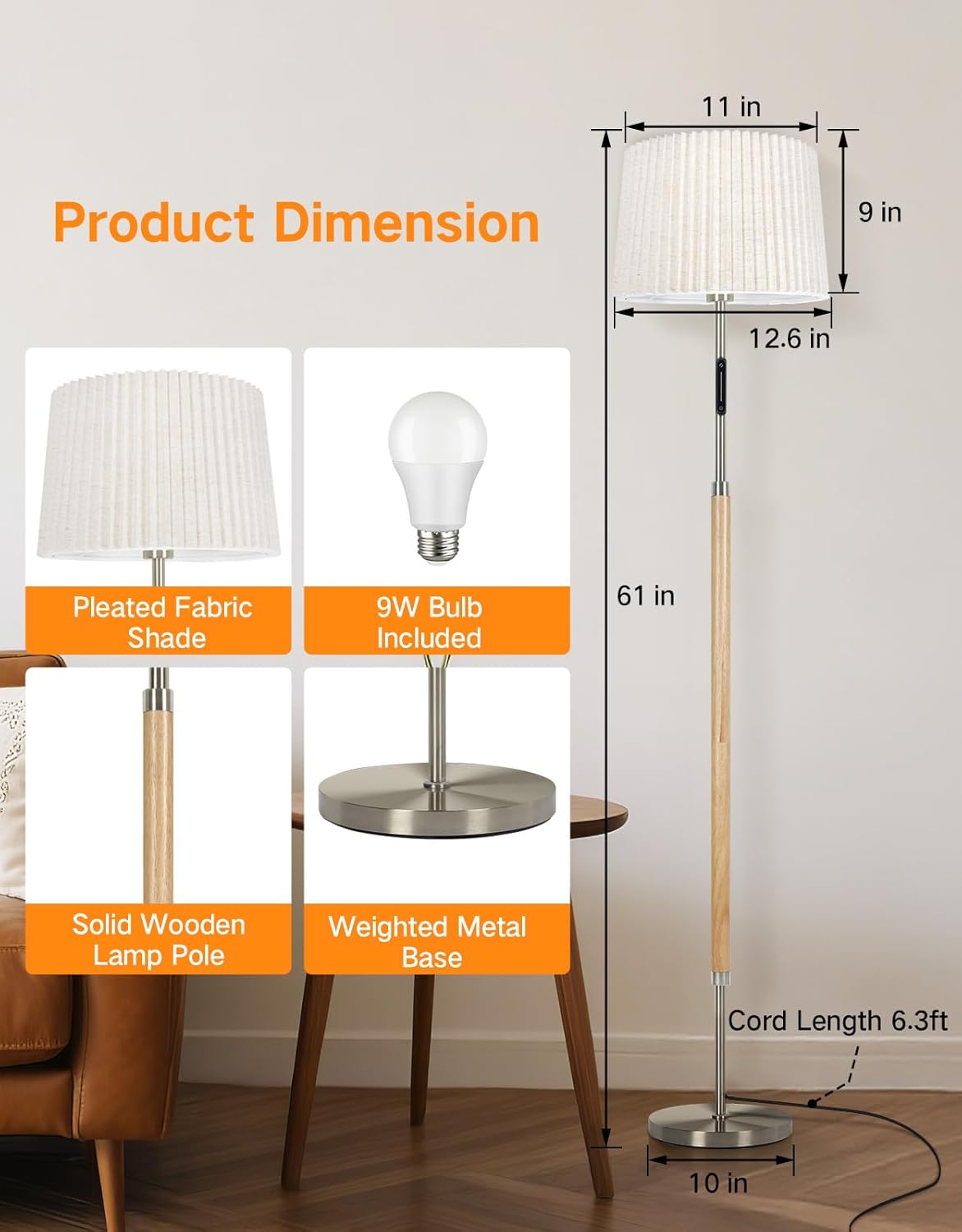 Floor lamp with dimensions and features highlighted on a neutral background