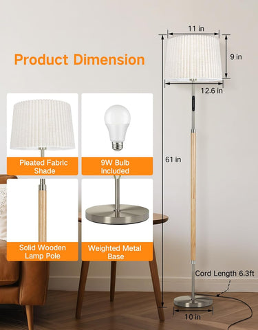 Floor lamp with dimensions and features highlighted on a neutral background