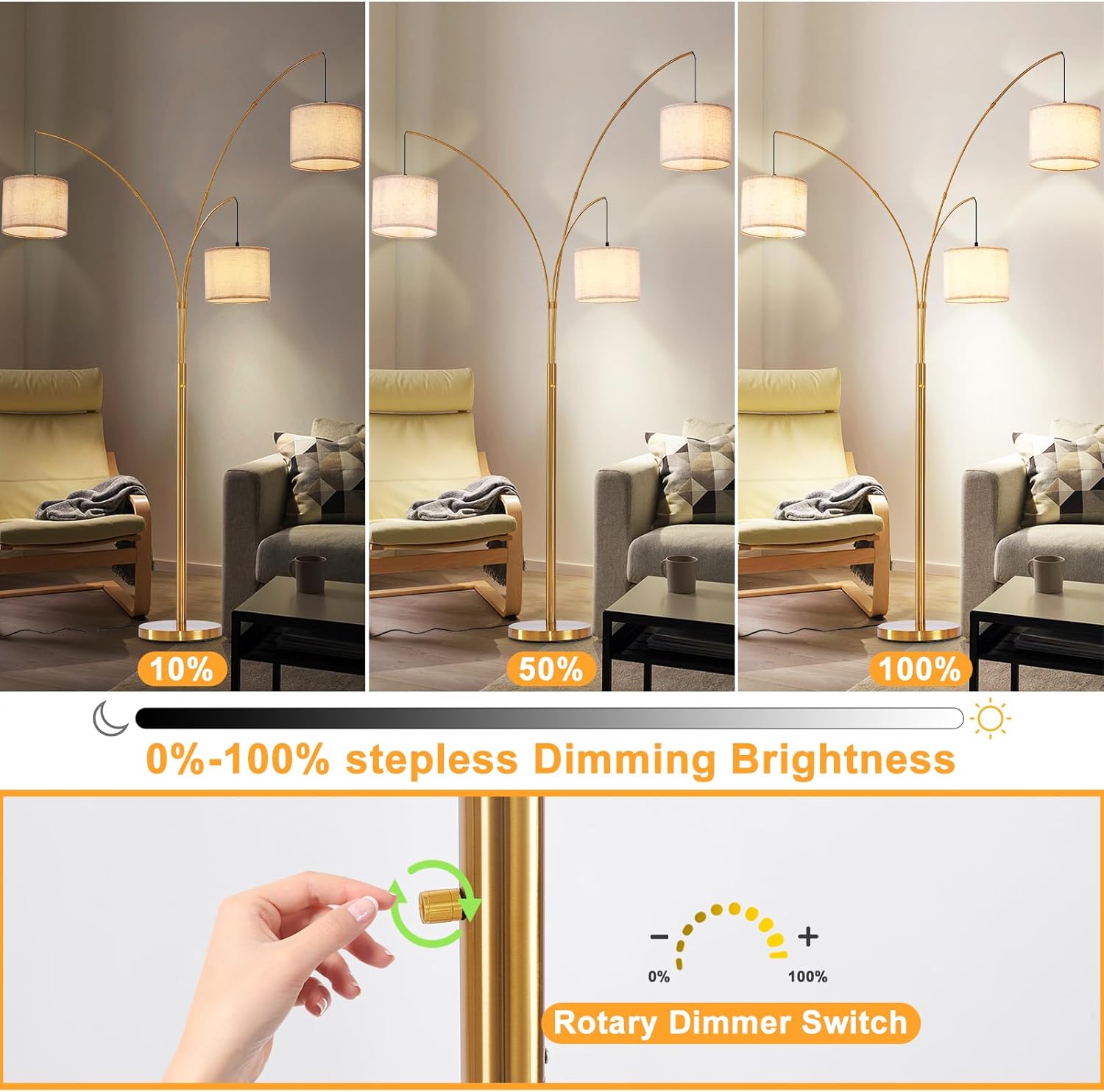 Floor lamp with dimming feature shown in three brightness levels in a living room setting.