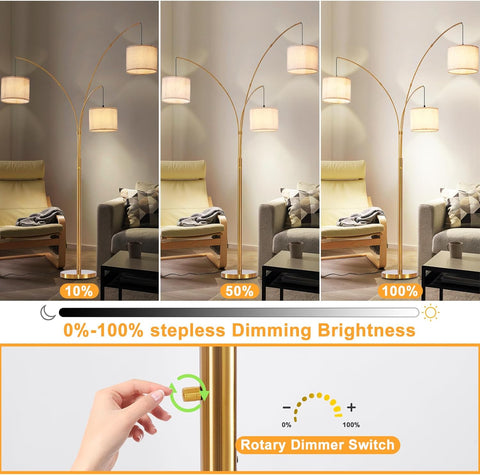 Floor lamp with dimming feature shown in three brightness levels in a living room setting.