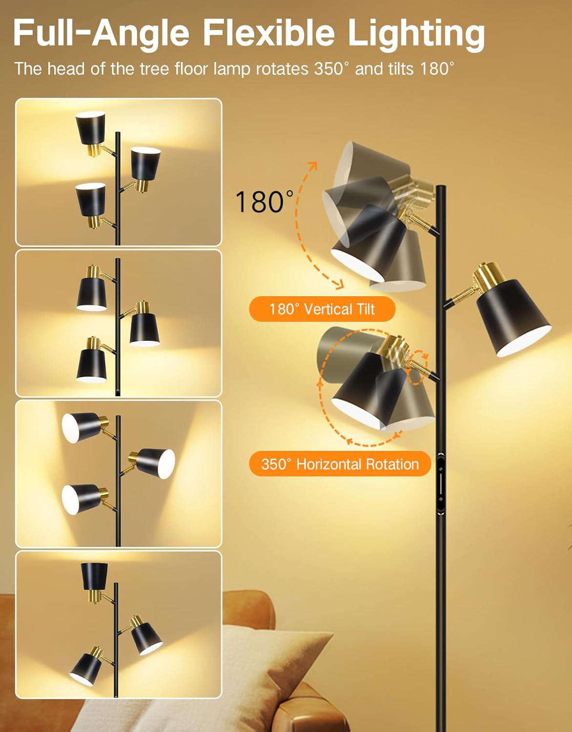 Floor lamp with adjustable head showing 180-degree vertical tilt and 350-degree horizontal rotation on a beige background.