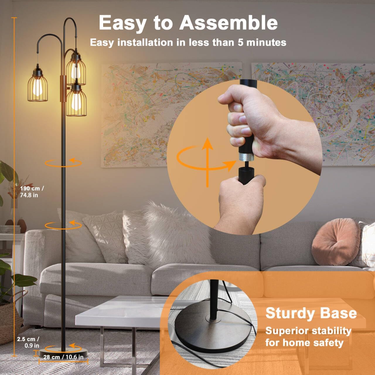 Floor lamp with assembly instructions and stability features in a living room setting.