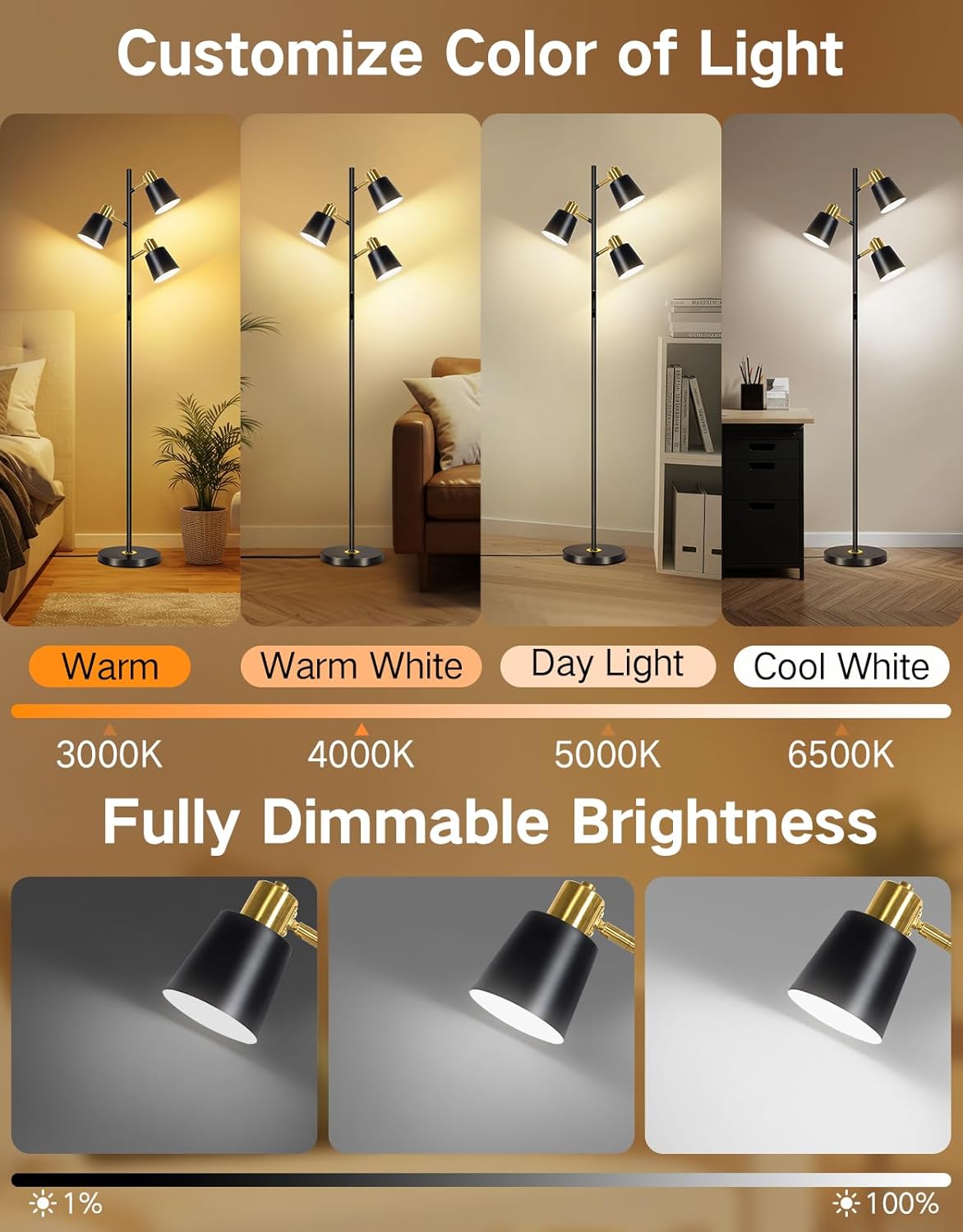 Floor lamp with customizable color of light and dimmable brightness options.