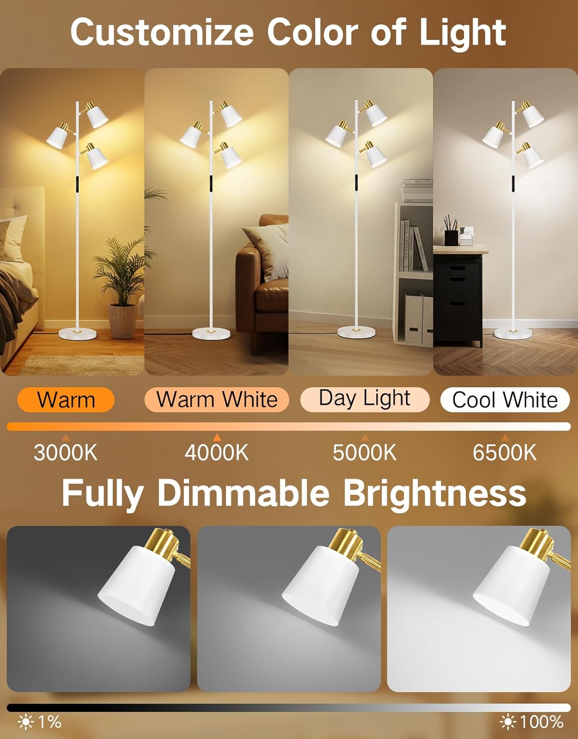 Floor lamp with customizable color of light and dimmable brightness options.