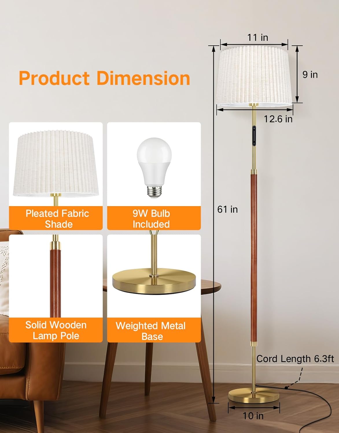 Floor lamp with dimensions and features highlighted on a neutral background