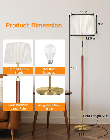 Floor lamp with dimensions and features highlighted on a neutral background
