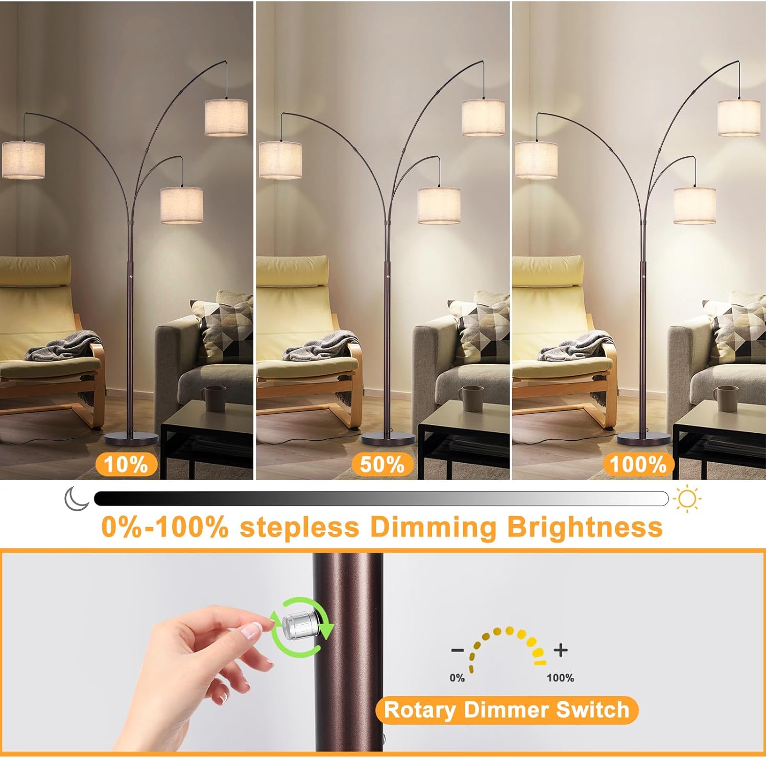 Floor lamp with dimming feature shown in three brightness levels in a living room setting.