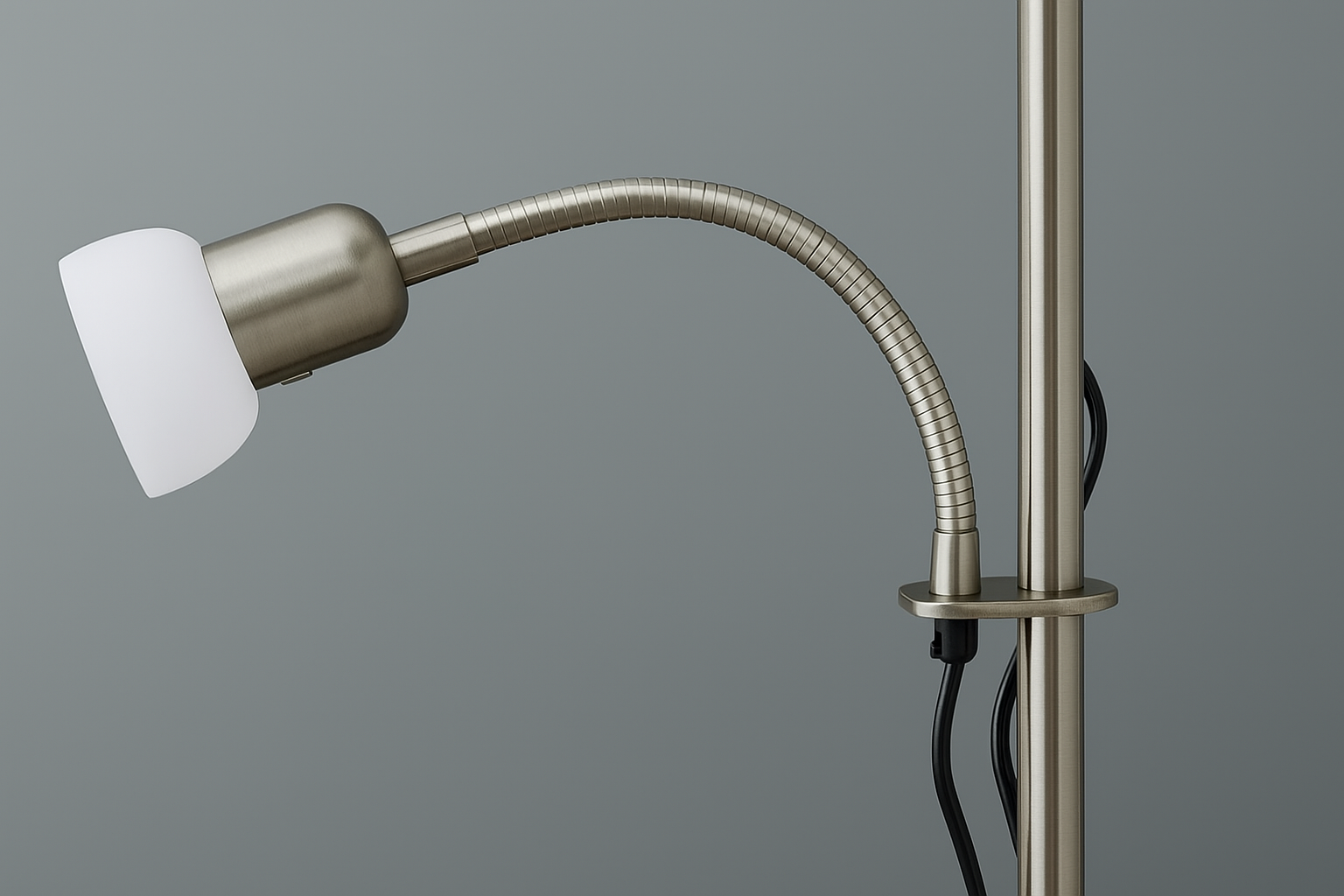 Floor lamp with flexible arm and white shade on a gray background
