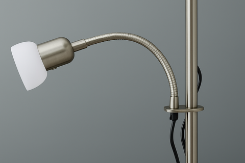 Floor lamp with flexible arm and white shade on a gray background