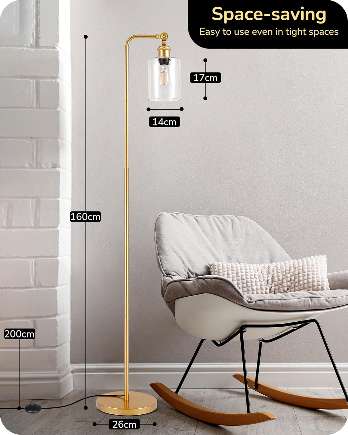 Floor lamp with measurements in a room setting, featuring a chair and rocking horse.