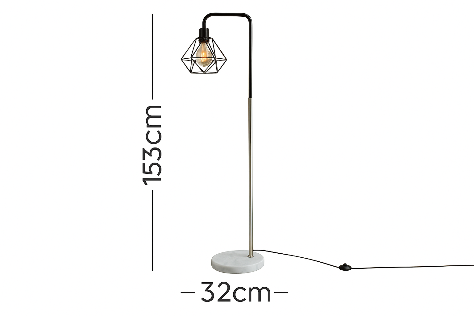 Floor lamp with measurements on a white background