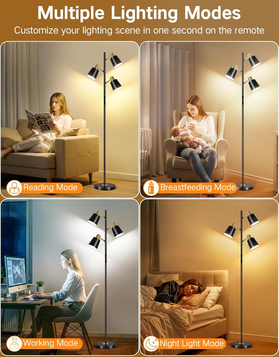 Floor lamp with multiple lighting modes shown in different settings.