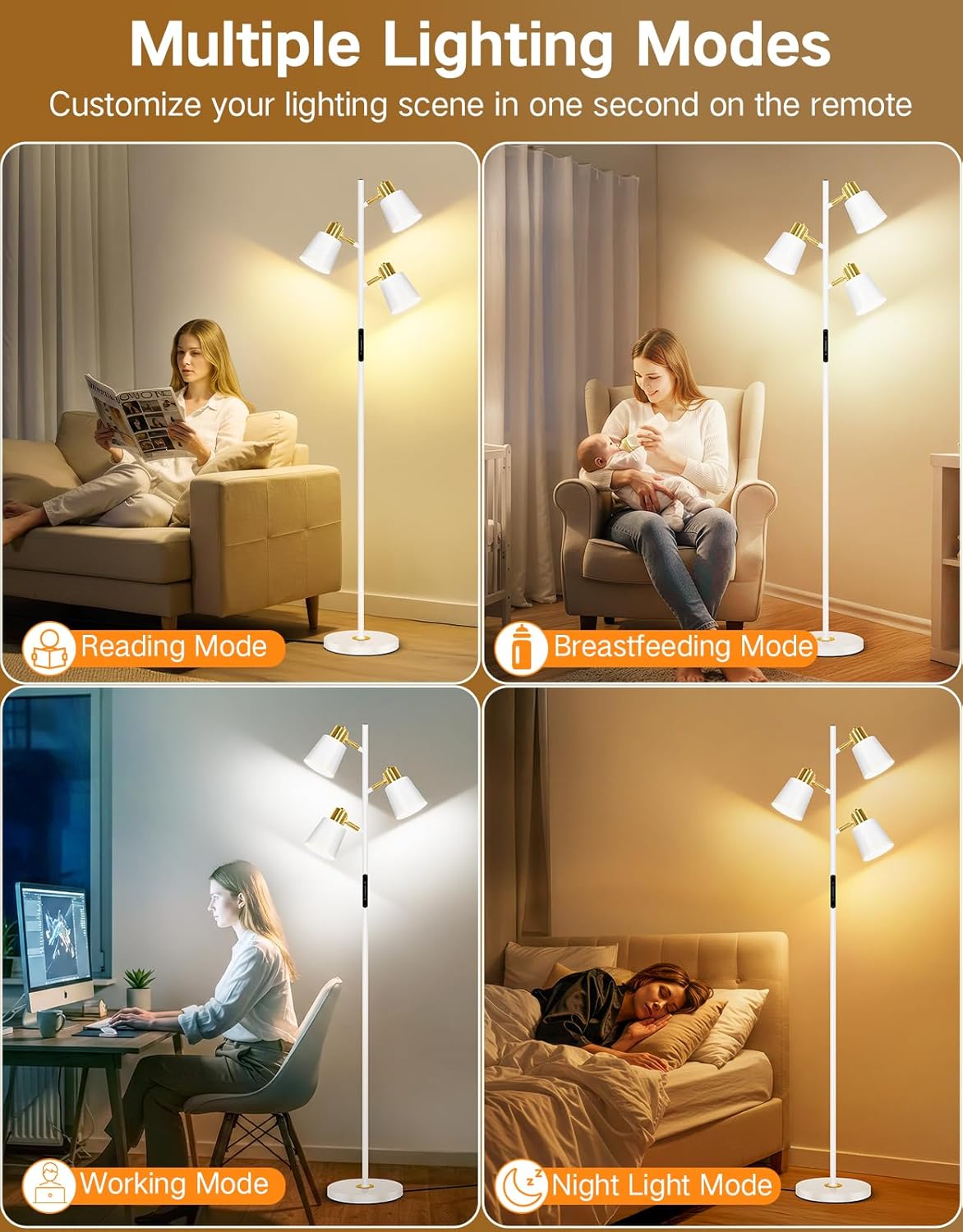Floor lamp with multiple lighting modes shown in different settings.